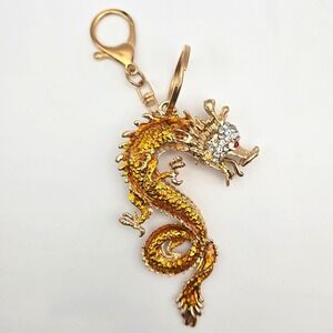 Gold Dragon 4" Keychain Car‎ Rhinestone Purse Charm Pendant Lg Serpent Mythical